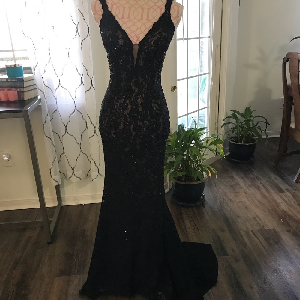 Jovani black sequined lace evening gown